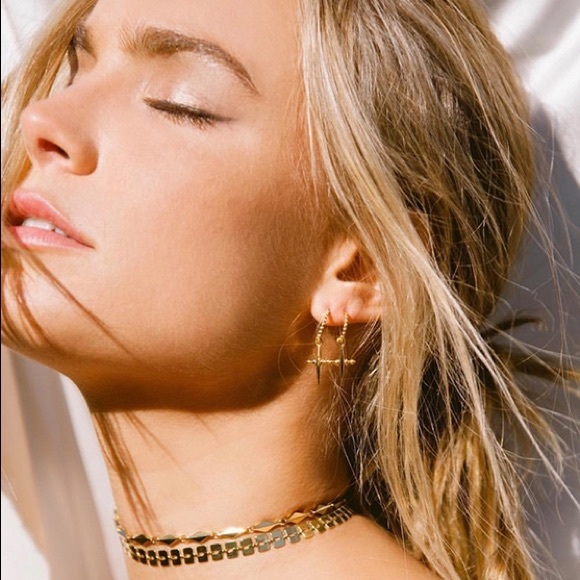 Gold Plated Cross Charm Huggie Hoop Earrings - Picture 8 of 8